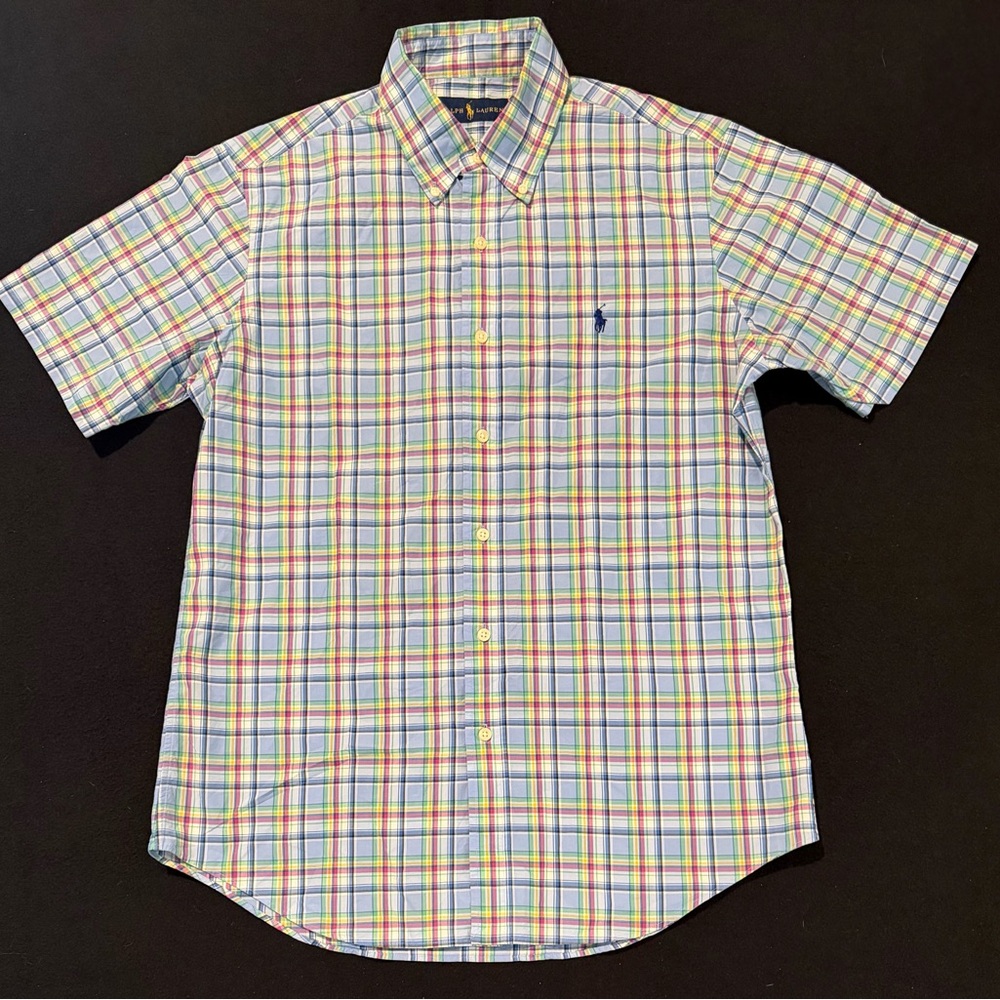 Ralph Lauren Short Sleeve Button Down Plaid Blue & Green Mens Medium
